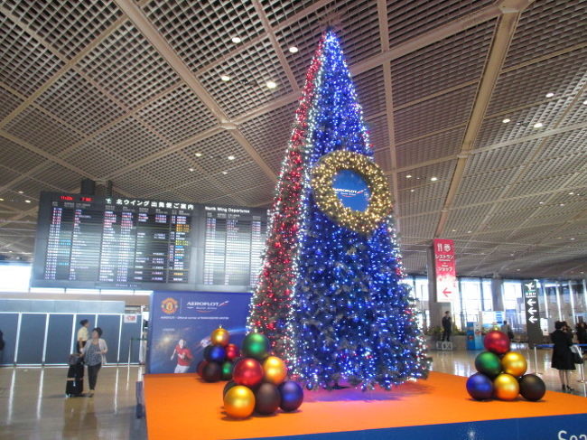早朝の成田空港に到着。<br />クリスマスツリーが綺麗でした。