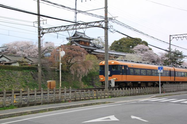 踏切を渡って、先ほどの東隅櫓のほうを見ると、近鉄特急が来ていたのでそれも撮影。<br />近鉄電車は関西の私鉄の中でも車両が素敵です。