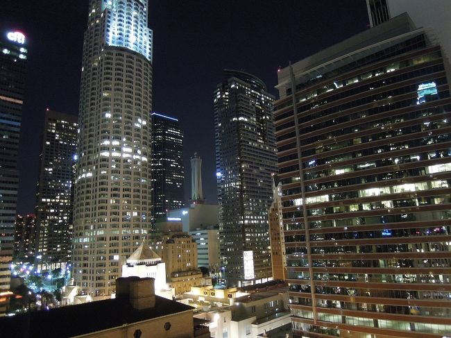 The standard hotel downtown L.A.のルーフトップからの夜景。<br />ビルの夜景が都会的でキレイ！<br />格子状にしっかり区画整備されて並んでいるビル郡の夜景は、日本の都心と少し違った雰囲気に感じました。