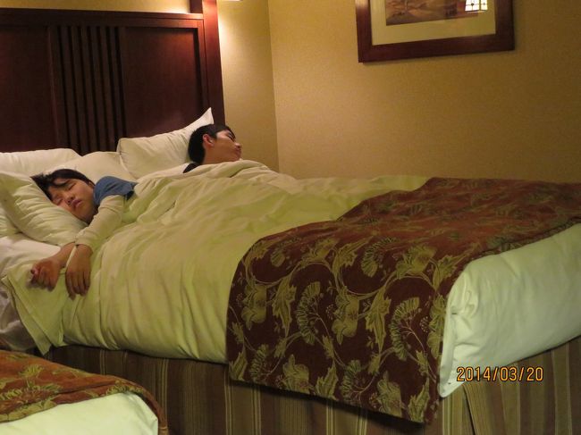 時差ボケで爆睡の子供たち。<br /><br />2泊目と3泊目にお世話になった、ディズニーグランドカルフォルニアンホテル。<br />パークと繋がっていて便利な高級感のあるホテルです。<br /><br />http://adisneyparks.disney.go.com/html/japan/hotel/DLR/GrandCalifornian/