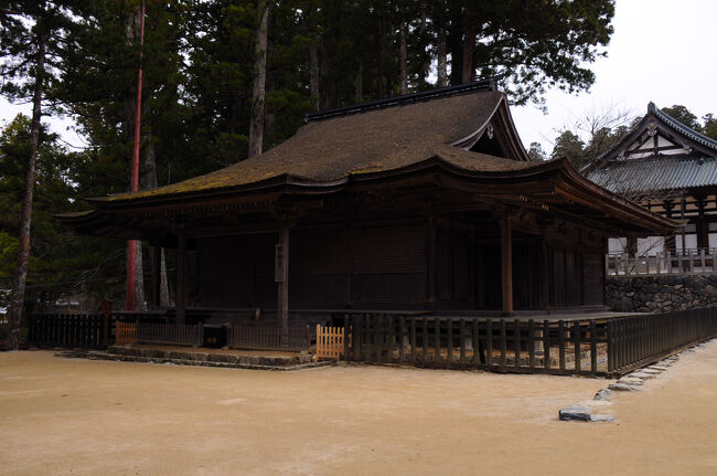 総本山金剛峯寺から、すぐ近くの壇上伽藍へと移動する。壇上伽藍には、たくさんの建物が点在し、その多くがとても趣のあるものだった。不動堂は、鎌倉時代に建てられたとされるもので、平安時代の住宅様式を仏堂建築に応用したものだそうだ。周りに、根本大塔や金堂などの立派な建物もあったが、歴史を刻んだこの建物は、質素な中にも落ち着いた美しさがあって気に入った。