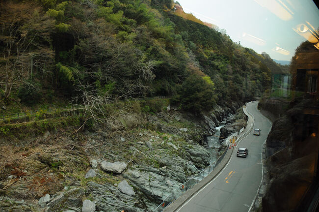 高野山下駅の先のトンネルを出ると、渓谷が寄り添ってきた。九度山の麓を流れる丹生川の流れが造った竜王峡だそうだ。渓谷沿いに遊歩道があり、2時間ほどで歩けるらしく、初夏には紫陽花の花が綺麗だそうだ。