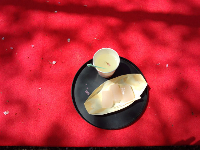 吉野駅から中千本までバスで。人が多いため、行列です。中千本到着したら、そこから歩いてまもなくすると、桜くず餅と葛湯屋さんが。ちょっとしか歩いてないけど、休憩。