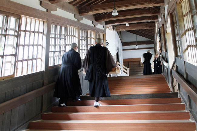 多くの僧が行きかつています。<br />直接カメラを向けないようにとの事ですので、背中にしました。<br />後から、僧の修行している様子のＤＶＤを見せてもらいましたが、毎朝の修行でこの階段を雑巾がけしていました。<br /><br />