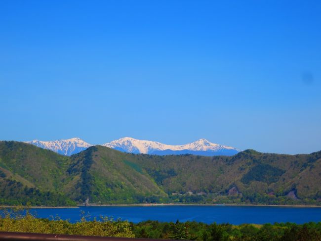 渋滞で一向に進まないので、車窓からの写真を。<br />本栖湖ブルーの向こうに白い頂が。<br />南アルプスかな？<br /><br />本栖リゾートの駐車場は本栖湖側から行くと右手に当たります。<br />静岡側のほうが入りやすいのかもしれません。<br />
