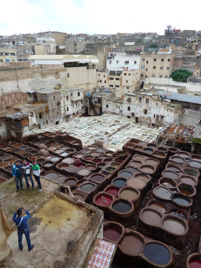 メディナの一角になめし皮染色職人街があります<br />このなかの「皮製品を売るお店」に立ち寄り<br />眼下に丸い染色桶が並んでいます