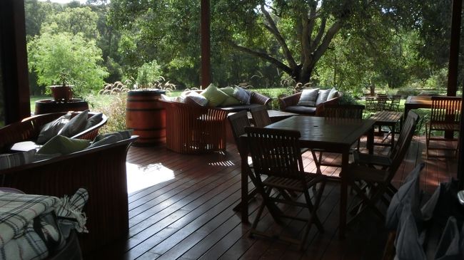 わたしたちは、庭が見える外のテーブルをチョイス。<br />暑くも寒くもなく、蚊もハエもいない、気持ちのいい季節だからね。