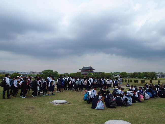見晴らしのよい第二大極殿の跡で学生さんたちの野外授業。もうお昼の時間だったので、これからここでお弁当を広げて食べる模様。<br /><br />第二大極殿は奈良時代後半の平城京に遷都してから長岡京に遷都するまで機能していたようです。<br /><br />これら敷地内の跡地は市民の方の憩いの場所になってるのですねぇ。<br />トランペットを演奏してる方がいたり、ジョギングしてる方がいたり犬の散歩してる方がいたり。なので「糞は持ち帰りましょう」の看板も。