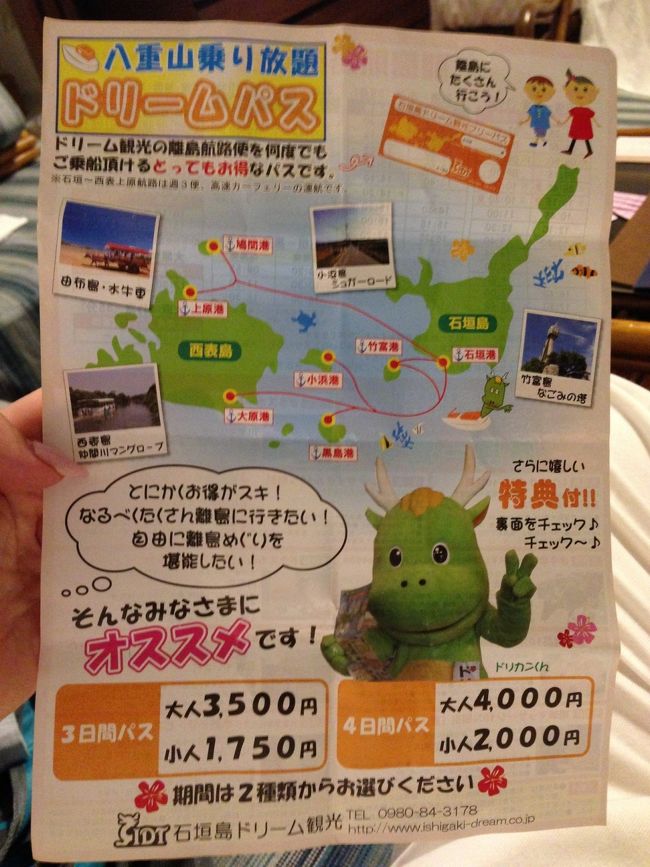 今回は八重山観光フェリーとか安栄観光のフリーパス券じゃなくドリーム観光のフリーパス券使ったけどよかったです！！<br />ドリーム観光さんの3日間通し券は￥3,500<br />上の2社が3日通し券が￥5,800するので￥2,300もお得！（2014.4）<br />小浜島往復2回すると￥4,000越えしますので、往復ドリームパス買った方が安いのです。<br />