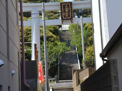 建物の間から大洗磯前神社の鳥居が見えています。