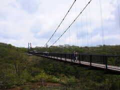 新緑が見ごろの那須高原を走り、那須湯本の少し先にあるおだんバス停で下車。『おだん』とはどんな字を書くのか。バス停から少し木道を歩くと、目の前に長い吊橋が見えてきた。つつじ吊橋である。