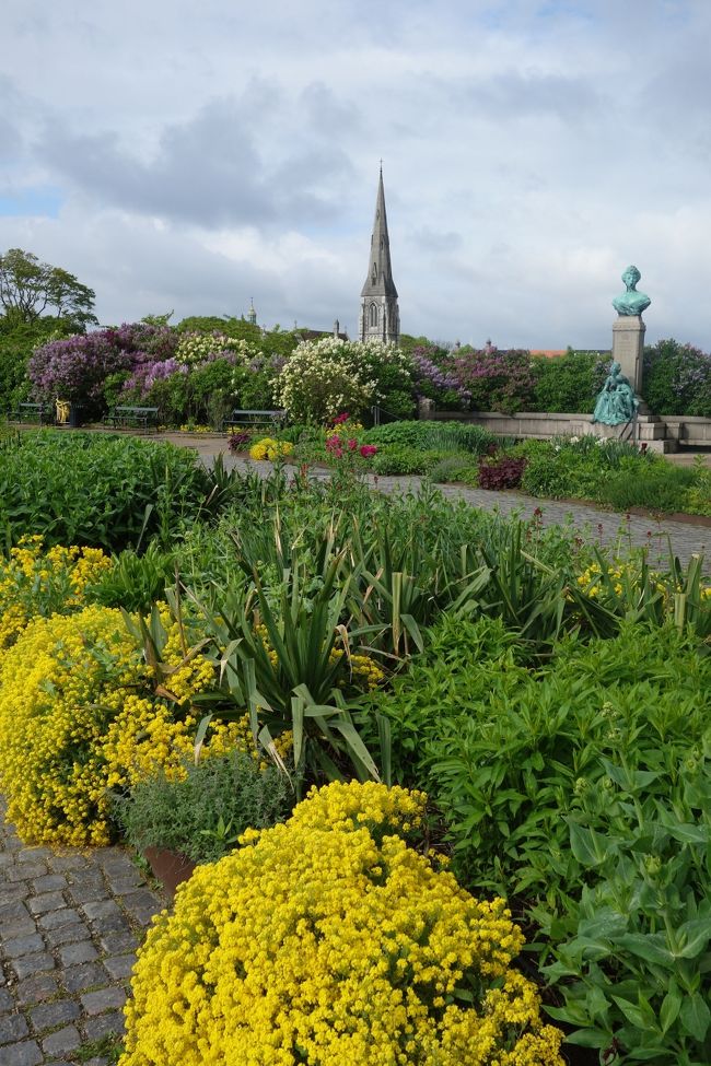 海辺の公園。<br />黄色い花が奇麗。<br />教会の塔が見える。<br />