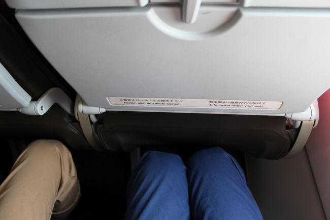 身長173センチで座った感じがこんな感じです。前の人がイスを倒したらきついかもしれないです。