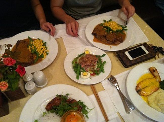 アオザイの後は、ランチタイム。<br /><br />マリオットのランチに連れてってくれる予定だったのだけど、私がアオザイ選びに時間かかっちゃったので、もう一つの候補のお店へ。<br /><br />サラダはみんなでシェアし、メインはブンチャーを洋風にアレンジしたような、エビ入り揚げ春巻。<br />美味い！ごちそうさまでした。<br />