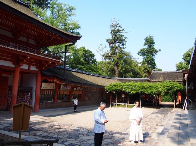 最後に寝殿の茅葺き屋根の説明を受けて参拝が終了。<br /><br />最初にご朱印帳をお願いした方は、ここで各自に返されます。<br /><br />早朝参拝は無料ですが、茅葺きの保存料として1000円をお願いされました。<br />（払わなくても大丈夫です）