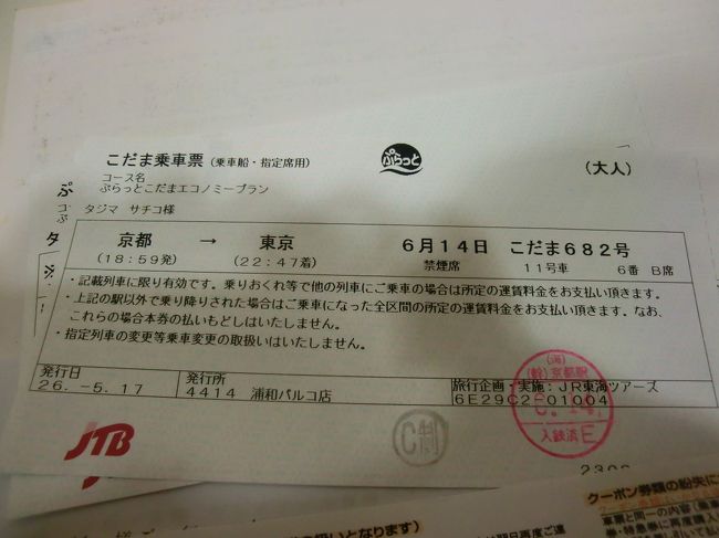 帰りも深夜バスで・・・と考えていましたが、ちょっと流石にそれは無理・・・ということで事前に「ぷらっとこだま」でチケットを購入していました。<br />鈍行新幹線で京都〜東京まで4時間近くかかりますが、通常より3500円も安くなります。<br /><br />今回、交通＆宿泊は最低限のものを選んだので、１泊２日の奈良旅をなんと16000円（食事代は抜く）ですることができました〜<br /><br />貧乏旅バンザイ。