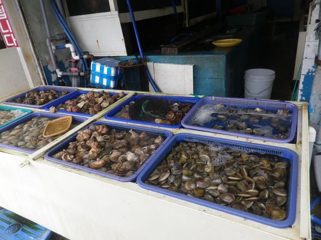 魚介類が店先に並んでいます、貝類があります