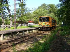 津軽鉄道　公園の中を走る列車は珍しい。レトロなオレンジ色の列車がいいです。公園の中をまっすぐ突っ走ります。