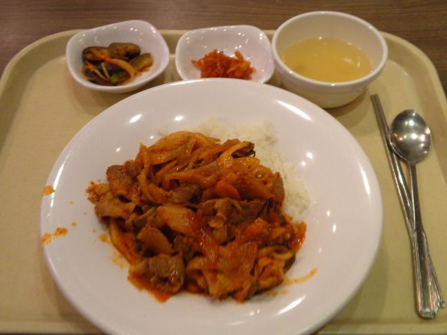 入口のカウンターで食券を買います。<br />レシートに印刷されている番号のカウンターに出すと、既によそってあったごはんにたっぷりのプルコギをかけて、スープとおかずとともにお盆に乗せてくれました。<br />キムチはセルフで好きなだけ取れます。<br />このプルコギ丼、甘辛味で肉も野菜もたっぷり。とてもおいしかったです。