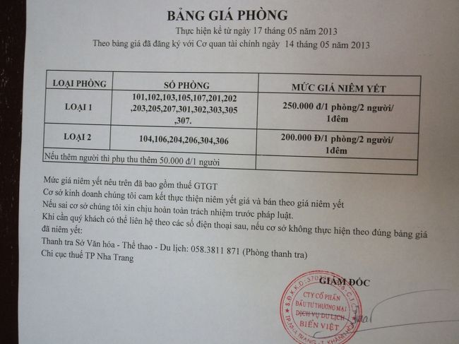 部屋のドアの内側に料金表が貼ってあった、この部屋３０４は２０万ドン。フロントで部屋の金額を聞いたとき２人女性がいた、この金額でいいか(するから)とメモに書いた金額を隣の女性に確認してから自分に見せる。<br />まあ、景色のいい部屋だから少しくらいい。