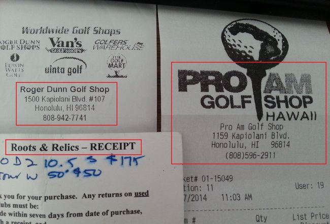 全然写真を撮って無いのでレシートを（笑）<br />ハワイ島でのゴルフに備えオアフではゴルフショップへ！<br />日本の方が何でもありますのでお洒落なものとか、可愛いものとか女子は期待しないほうがいいです。<br /><br />何処に最初に行ったのか・・たぶん<br /><br />●ロジャーダン●<br />アラモアナセンターのすぐ近くなのでとても行きやすいです、涼しいノードストロームを通り抜けてカピオラニ通りのバス停の近く。<br />前に駐車場があるのでちょっとへっこんでて見えにくいですがフォー屋さんの手前にあります。<br /><br />綺麗で大きなお店です、日本にもありそうな普通のゴルフショップ。店員さんも優しいですよ、日本語通じませんが（笑）<br /><br /><br /><br />次に行ったのが・・<br />●プロアマゴルフショップ●<br />ロジャーダンの後に近そうだと思って徒歩で行ったんですが、結構遠かった；；ロジャーダンの前の道カピオラニ通りをダウンタウン方面へひたすら歩きます。そうすると左側に見えてきます、結構大きな看板があるのですぐ解ります^^<br />私達は歩いてしまいましたが、バスに乗ったほうがいいです。特に昼間行くなら私は絶対パスに乗ります（笑）<br /><br />日本語通じます！<br />旦那はロジャーダンでも同じのを見てたんですが、やっぱり日本語で色々質問するほうが楽ですよね、すっかりご主人と話し込んで夫婦揃ってクラブご購入（笑）1年保証してくれるという事です。<br />お店のご主人にハワイ島でのゴルフ事情なんかもお伺いしてなかな充実したお買い物でした。<br /><br /><br /><br />次は旦那が絶対行くと心に決めて、行き方も事前に調べていた<br />●ルーツアンドレリックス●<br />場所はワイキキからダウンタウン方面へ少し離れます。<br />私達はTheバスの6番に乗ってクイーンstとリチャードstの停留所を目指しましたが、4番でも行けると思います。どこで降りるかドキドキしながら次だ！と思って降りますベルを鳴らしたら一つ手前で降りてしまいました、バス停の間隔が短いので問題なしです。裁判所の近くに来たら降りればいいです。<br />お店はイオラニパレスのすぐ近くで、帰る時にワイキキ方面に戻るにはどこから乗ればいいかお店の人に聞いたらイオラニパレスの前は全部のバスが止まるからそこに行きなさいと言われて、イオラニパレスをちょっと観光してから宮殿前のバス停からワイキキ戻りました。<br /><br />ここは中古ゴルフクラブ屋さんです。<br />よっぽどゴルフクラブ興味のある女性以外は連れて行かないでください、奥さんはアラモアナに置いていきましょう（笑）<br />私が疲れてうんざりしているのをお店のおじさんは笑っていましたが、笑い事ではない！まじで疲れました。<br /><br />小さなお店にゴルフクラブがまさにギッシリ！！！<br />日本語は通じません、旦那は何かわかんないけど買ってました、写真左下に見えるのが保証書っていうのかな？このカードとレシートで購入後１週間以内なら問題あればお取替えできるそうです。<br />キャッシュで買うとだったような気がしますが、後で旦那に確認してみます。<br /><br />ゴルフクラブに油性マジックで直接値段が書いてあってホテルで必至に消してる姿が笑えましたけど。<br />男の人が好きそうなお店です。<br /><br /><br />それぞれのお店の場所はネットで検索すると出てきます。<br />不安な方はタクシーでGO!