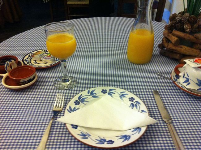 今日も全景が無いけれど、昨日よりは写真がマシなので、何枚かご紹介。基本的には毎日同じメニューっぽい。オレンジジュース(大量。これはさすがに一人分じゃないでしょ)、コーヒー、パン、シナモンケーキ。はちみつにジャム。ケーキは、大量のシナモンは若干苦手なので、「昨日と一緒なら遠慮しますわー」と言ったら、「同じだけど、今日のは焼きたてだよ。もっと、オイシイよ！」と薦められ、結局食べる。<br /><br />「タクシー来たよ〜」