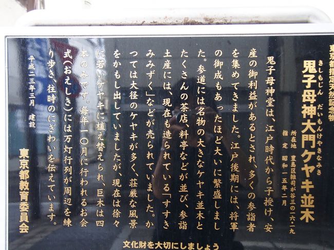 鬼子母神のケヤキ並木についての説明書き。<br /><br />現在は徐々に若いケヤキに植えかえられていて、巨木は４本のみになってしまったということ。