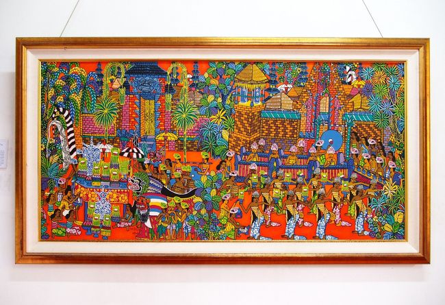 【タイトル失念】<br />POPな色使いで華やかな印象。<br />遠近感が無く不思議な雰囲気が漂う。