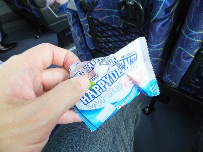 定時だったらホーチミンの空港で一度外にでて、屋台で麺でも食べようと思っていたが余裕がなくなる。<br /><br />0:10発の大阪行きは定時。前の深夜便は空いていて四人がけのシートに寝ていけた、しかし今回はなぜか満席。<br /><br />飛行機が関空に到着してから隣の男性が話しかけてくる。３泊の撮影会の旅行ツアーだったとのこと、ニャチャンの市場に世が空ける前の早朝に行って写真を撮ってきたとのこと。カメラバックには日の丸のタグをつけており、これで日本人だと分かって写真を撮らせてくれるといっていた。<br />自分もニャチャンにいたことを話とビーチですごして泳いだのか聴かれる、日焼けがダメだからそれはしなかったと答える。<br />その程度の会話、この旅に出て唯一の日本人との会話になった。<br /><br />写真は関空からのリムジンバスでガムを。<br />普段ガムを噛むことはないのだがこのとき持っていてガムがあると思い出し噛んで見る。<br />ある店での夕食の時、ガムを乗せたかごを持った小学４･５年生くらいの少女。地元の人たちのテーブルをガムを買ってくれるように回っている。自分のところに来たがガムを買っても食べる事はないだろうといらないと。しかしむげに断るといった感じにはできなかった、女の子は買ってくれるかもしれないと自分のテーブルに食い下がる。<br />とりあえずいくらだか聞いてみる、１万ドン。５千ドンだったら買うよと意地悪してみる、一万ドンと食い下がる。そのとき自分の手に持ったお札から一枚ヒラヒラと下の階下に落ちてしまう、女の子は私が拾ってくると下に降り下からそのお札を渡してくれる。<br />そんな事があって買わないわけにもいかない、いつ食べるかも分からないガムをその女の子から買う。<br /><br />そんな事を思い出しながらガムを噛む、今までといろいろな意味で違った旅だったなと。