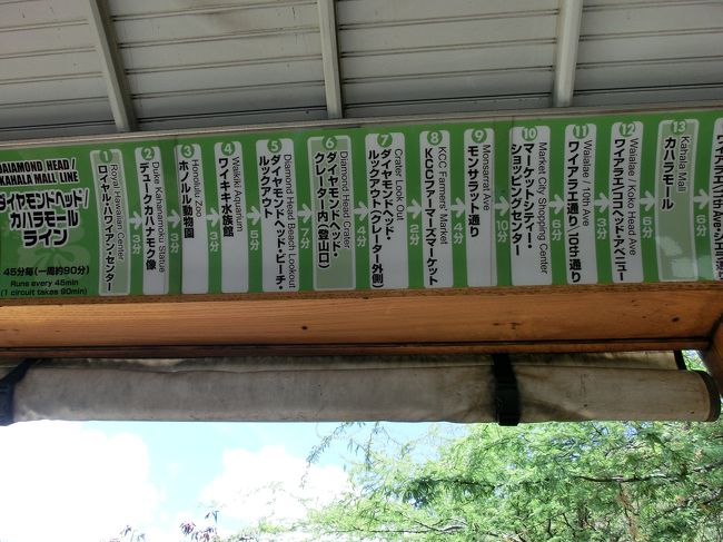 　では、早速ロイヤルハワイアンセンターへ戻って、<br />トロリーへ。<br /><br />　「ダイヤモンドヘッド／カハラモール・ライン」<br />に乗って目的地は、カハラモールです。<br /><br />　ガイドさんも乗車していますので、観光気分で。