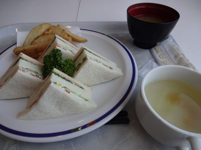あまりおなかが空いていなかったので、時間をつぶせるのは、レストランだなあ〜と思い、セルフ食堂でサンドウイッチを、二人で１皿食べました。こちらはお味噌汁とスープが、お替り自由でした。こちらに２時間いました。