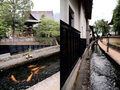 (写真左上)　飛騨地方最大の木造建築「本光寺」
(写真左下)　鯉が泳ぐ瀬戸川。冬の間、鯉は越冬池に引っ越す。このきれいな用水も、高度成長期には著しく汚れていたという。

(写真右)　　瀬戸川と白壁土蔵街