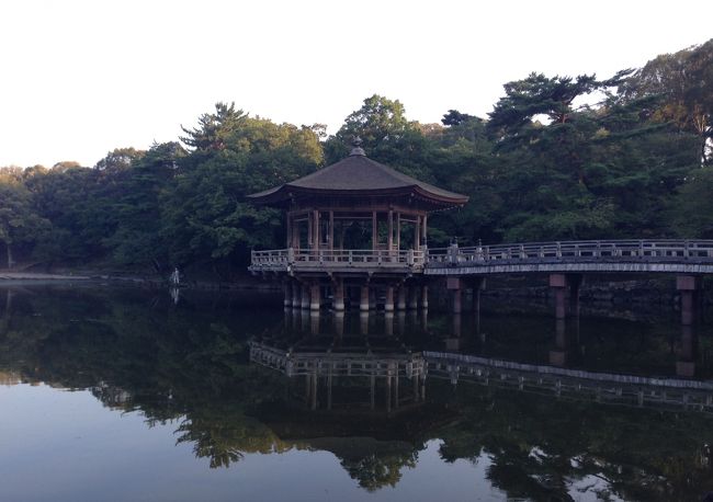 鷺池には、浮見堂が建てられています。<br />ほとんど風がなく、建物が池に映えています。