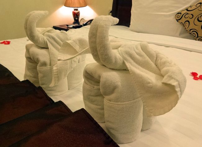 タオルとバスタオルが、象さんになっています。