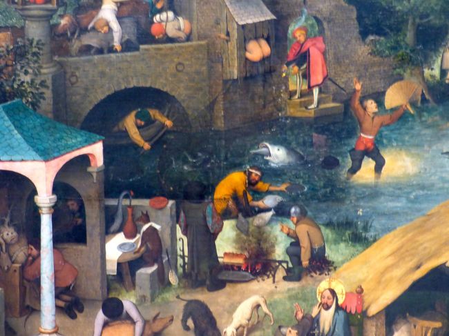 これは説明がないとわからないなぁ・・・と途方にくれます。解説書によると100以上の諺に言及しているそうですよ。こりゃかなわない。<br />アントワープのマイエル・ファン・デル・ベルク美術館に12枚の彼の絵になる諺絵がありますが、これはもう遙かに凌駕！ミュージアムショップでこの絵の解説絵はがきを売っています。