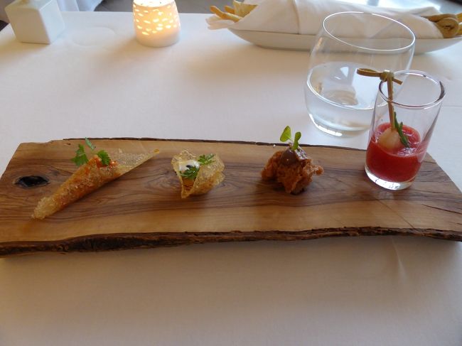 ミシュラン星「Cielo」で優雅なディナー♪<br />＠アミューズ：エビとトマトのガスパチョ・カレー風味揚げ春巻き・アンチョビ・ペースト