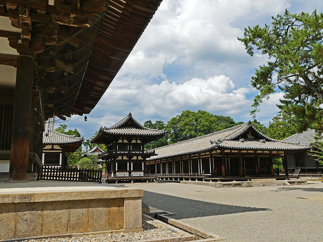 金堂右側より鼓楼［国宝］と礼堂・東室［国宝］及び宝蔵・経蔵［ともに国宝］が拝観できる