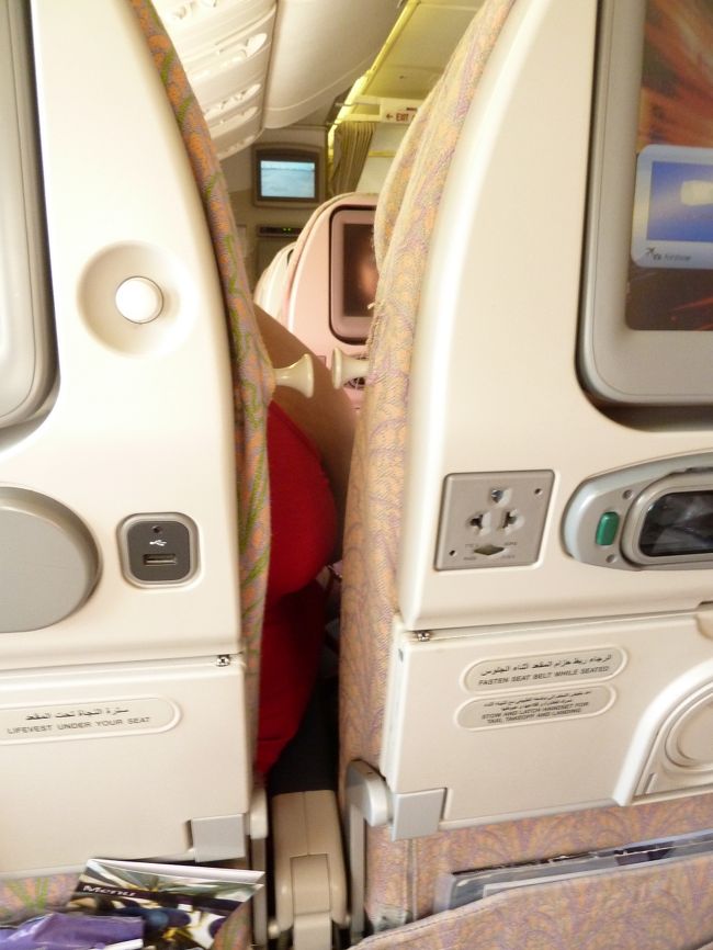 前に乗ってきた超大きな女の人はエコノミーのシートじゃ幅がおさまっていないよ。