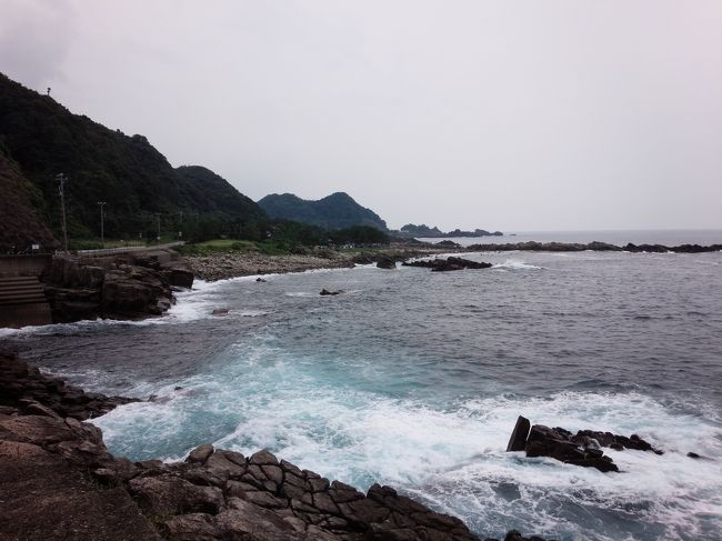 灰白色の安山岩からなる柱状節理の発達が見られるようです。<br /><br />これから行く東尋坊と同じ柱状節理ですね。<br />