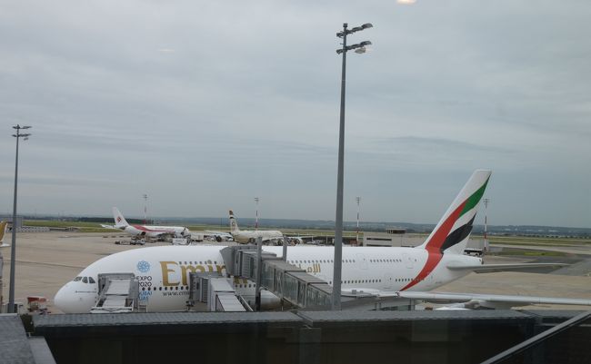 前回モロッコまでエミレーツ(EK)のエコノミーで行ったが、飛行機内で膝を痛めたため今回はビジネスクラスで行く事に。以前はルフトハンザを利用していたが、京都に引っ越したため朝の早い便（ルフトハンザは朝出発）は不便だし、朝に仕事をして出発できるので夜の便が便利。さらにルフトハンザのマイレージを貯めていたが、結局お盆休みやゴールデンウイークでは使えず意味無し。で、夜出発のトルコ航空と比較したが、エミレーツの方が安かった（ルフトハンザはもっと高い）。飛行時間はルフトハンザの方が短いが、乗り継ぎ便のビジネスは安っぽいのでエミレーツに決定。これはドバイからのエアバスA380。