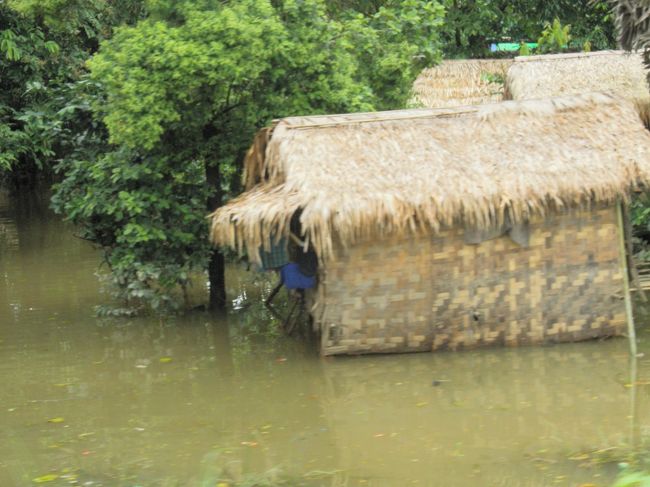 駅周辺の民家です　水に浸かっており、ボードで移動するようです