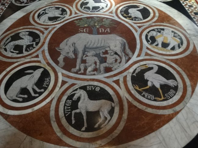 象嵌の床に答えあり。<br /><br />中央に鎮座する、狼に育てられたロムルスとレムス。ご存知、ローマをつくったのはロムルスだが、レムスはロムルスに殺され、その子供のセニウスとアキウスが、白と黒の馬に乗って逃れ、シエナをつくった。白と黒はシエナのシンボルカーラーです。<br /><br />ちなみに、まわりはイタリアの各都市です。特にライオンはフィレンツェで、大聖堂を競ったとのこと。<br />