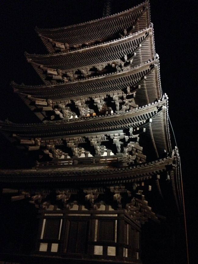 食事の後にライトアップを見に行きました。これは興福寺の五重塔。