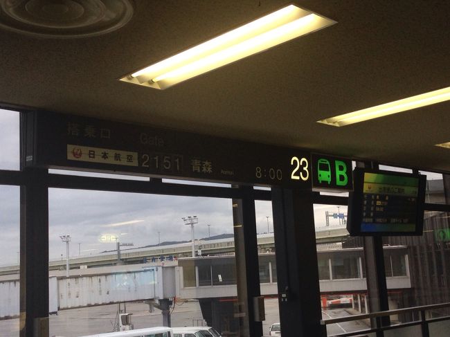 伊丹空港からJALに乗って青森まで向かいます。<br />今回はおともdeマイル割引で購入しました。<br />小さい飛行機なのでバスに乗って飛行機の場所まで向かい、タラップで搭乗します。