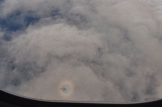 雲にちょうど太陽が機体の上にあったのか、きれいにリングができてました。