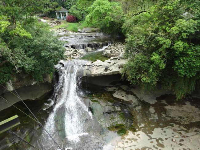 途中にある眼鏡瀑布。滝の裏側が浸食されてえぐれていたり、甌穴が見られておもしろいです。