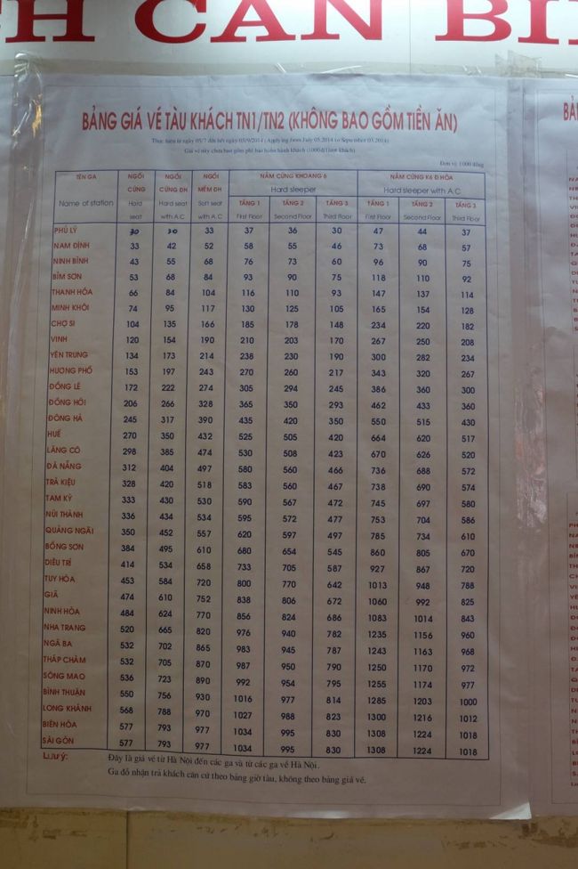 こちらは運賃表<br /><br />同じ目的地でも、列車によって運賃が違います<br /><br />所要時間の差によるもの？<br /><br />一番高い寝台で130万ドンほど