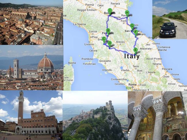 2014年夏、トスカーナ走行４泊５日800Km<br /><br />I)　なんとなくボロー二ャ（8/6-7）<br />http://4travel.jp/travelogue/10916548<br />B) 忘れられない思い出フィレンツェ（8/7）<br />http://4travel.jp/travelogue/10920409<br />C) サン・ジミニャーノは、まさしくザ☆トスカーナ（8/7-8）<br />http://4travel.jp/travelogue/10920959<br />D) フィレンツェと競ったシエナ（8/8）<br />http://4travel.jp/travelogue/10921626<br />E)どつちへ行こうか、アッシジ（8/8-9）<br />http://4travel.jp/travelogue/10926255<br />G)ミニミニ旅行、サン・マリノ共和国(8/9)<br />http://4travel.jp/travelogue/10929300<br />H)ラヴェンナの輝き！（8/9-10）<br />http://4travel.jp/travelogue/10929121<br /><br />