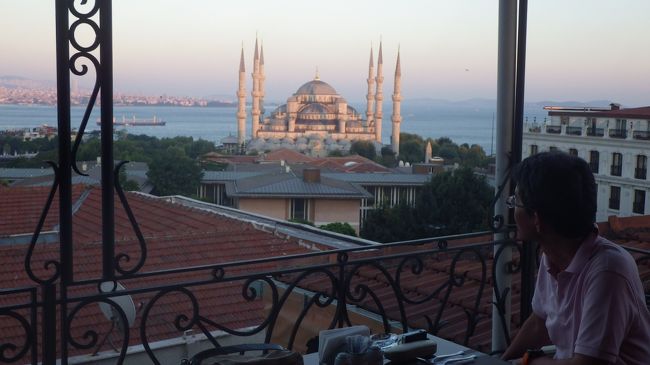 ホテルに戻り、部屋で一休みしたあと、屋上のレストランに行きました。<br />レストランのテラスからの眺めは良かったです。<br />ブルーモスクが綺麗に見えます。他にアヤソフィア、ボスポラス大橋なども見え、夜になるとライトアップされて、さらに綺麗です。<br />行き交う船もあり、ずっとここで景色を楽しんでいられます。<br />