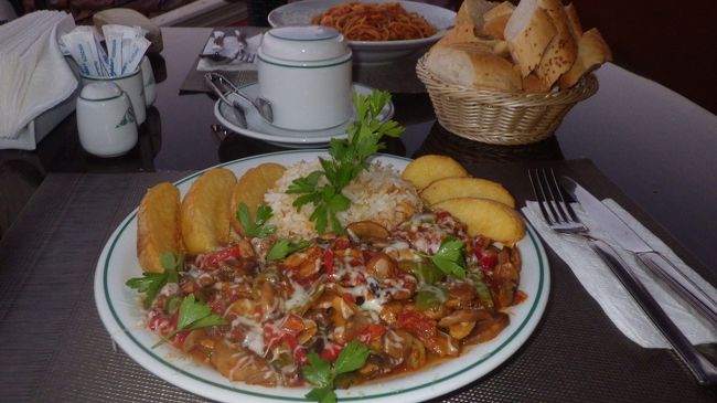 チャイを飲みながら、景色を楽しんでいましたが、夜景も綺麗なので、そのまま夕食も、ここでいただきました。<br />量が多くて二人で1皿をシェアすればよかった。<br />ビールも飲んで、食後にまたチャイを飲んで、二人で41TLでした。<br />宿泊者は、ここでの食事が30％offになります。<br />とてもありがたかったです。